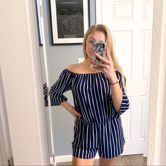 Ambiance white and blue striped off the shoulder romper - Picture 1 of 6